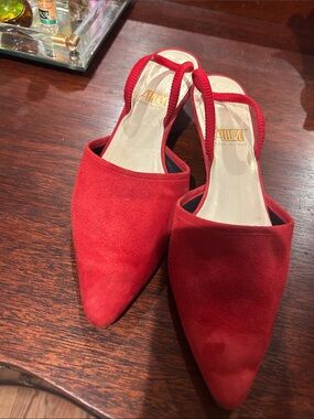 Allure Red Suede Pointed Slingback with Elastic Strap and leather soles.